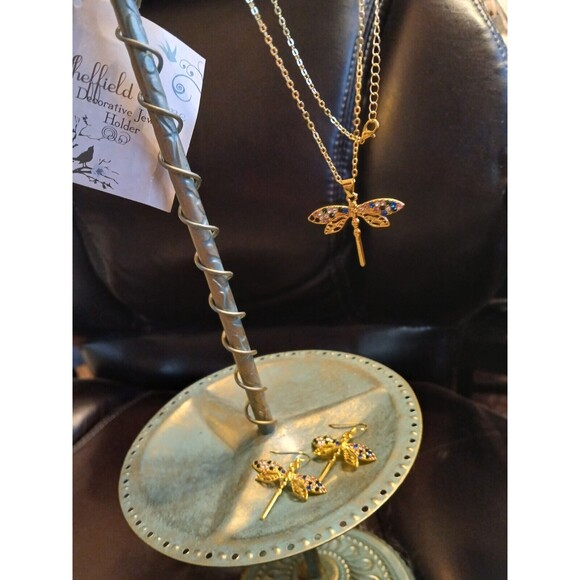 Gold Dragonfly Earrings & Necklace Rhinestones Jewelry Set - Picture 8 of 10
